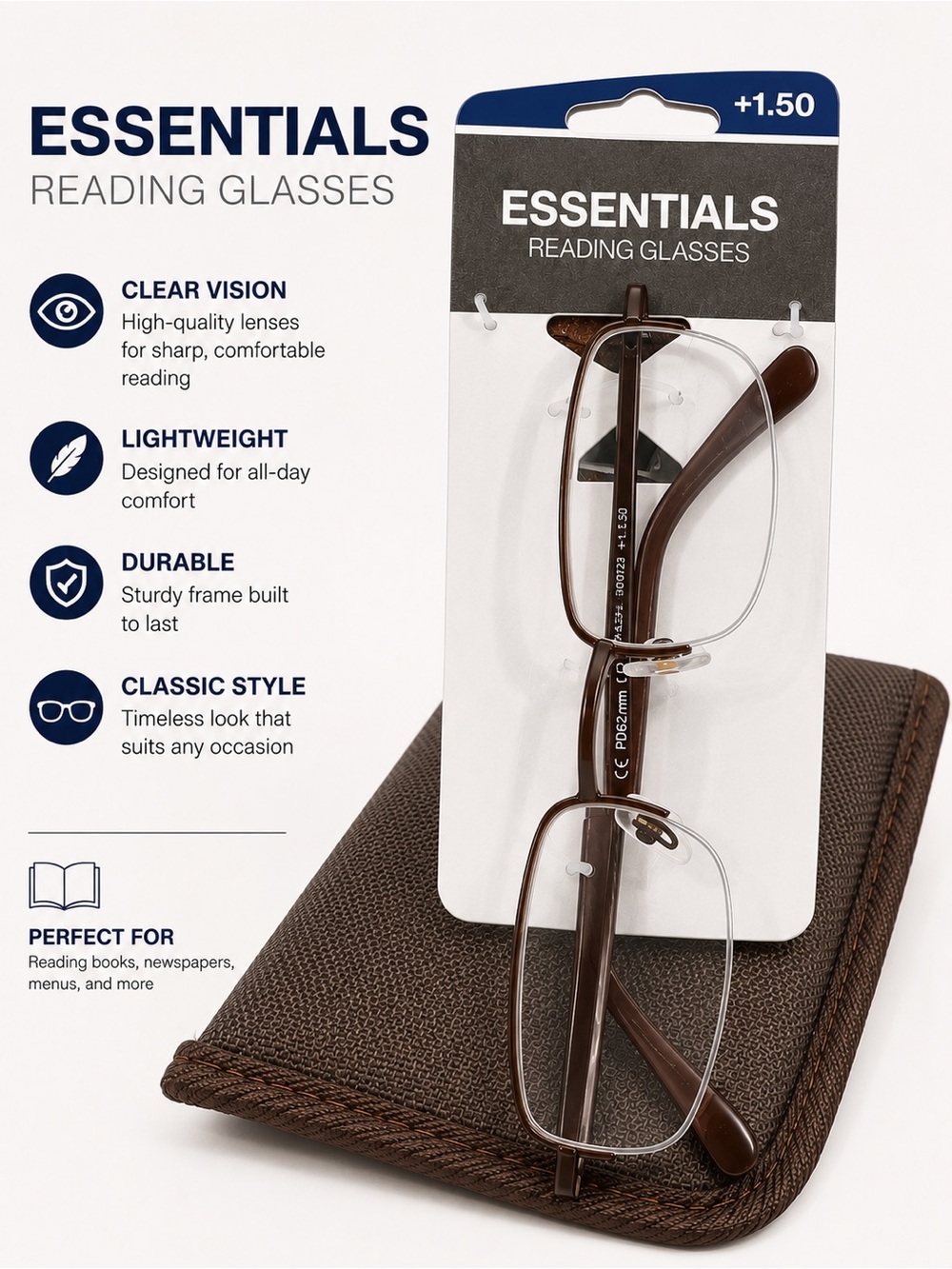 Essentials Brown Rimless Reading Glasses +1.50